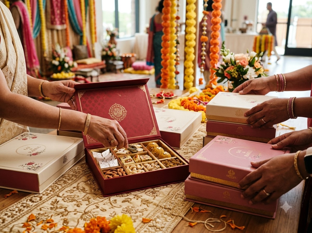 Coordinated wedding gift boxes on a haldi-yellow cloth